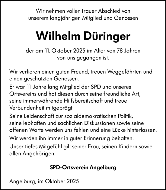 Traueranzeige von Wilhelm Düringer von Hinterländer Anzeiger