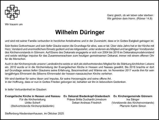 Traueranzeige von Wilhelm Düringer von Hinterländer Anzeiger