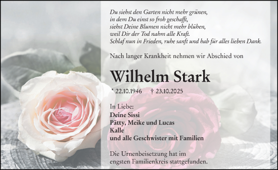 Traueranzeige von Wilhelm Stark von Hinterländer Anzeiger