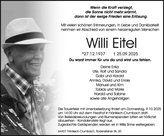 Traueranzeige von Willi Eitel von Odenwälder Echo