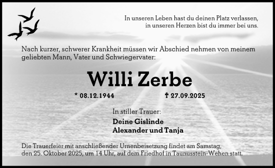 Traueranzeige von Willi Zerbe von Wiesbadener Kurier