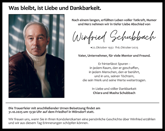 Traueranzeige von Winfried Schubbach von Idsteiner Land/Untertaunus