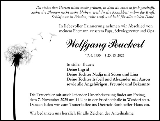 Traueranzeige von Wolfgang Peuckert von Wetzlarer Neue Zeitung