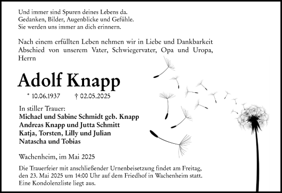 Traueranzeige von Adolf Knapp von Wormser Zeitung