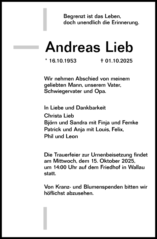 Traueranzeige von Andreas Lieb von Hinterländer Anzeiger