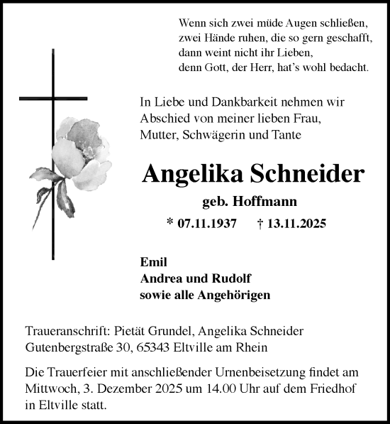 Traueranzeige von Angelika Schneider von Wiesbadener Kurier
