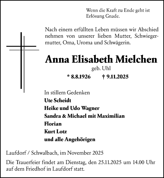 Traueranzeige von Anna Elisabeth Mielchen von Wetzlarer Neue Zeitung