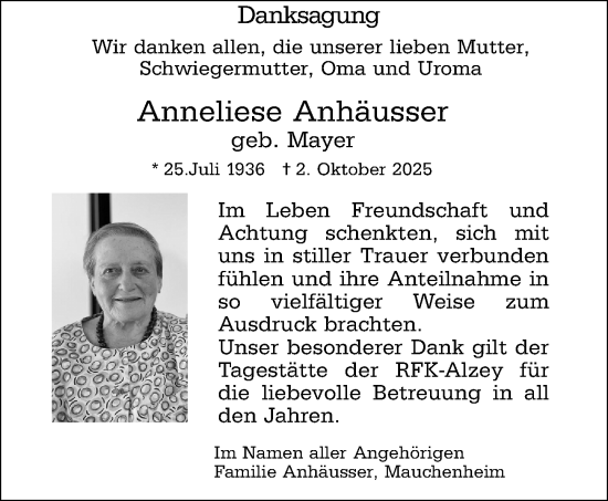 Traueranzeige von Anneliese Anhäusser von Allgemeine Zeitung Alzey