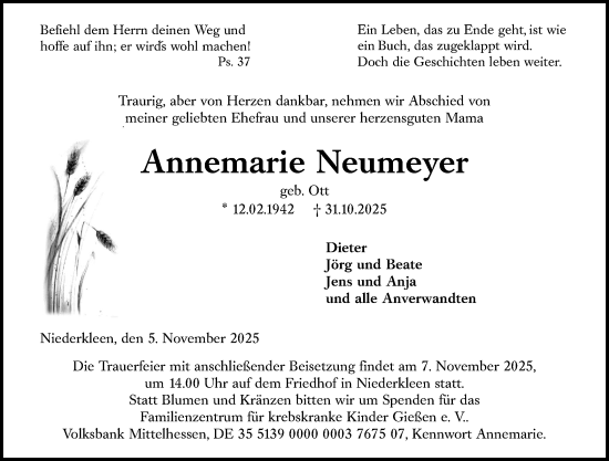 Traueranzeige von Annemarie Neumeyer von Wetzlarer Neue Zeitung