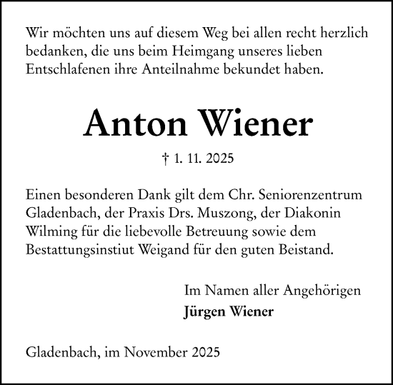 Traueranzeige von Anton Wiener von Hinterländer Anzeiger