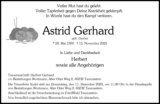 Traueranzeige von Astrid Gerhard von Wiesbadener Kurier