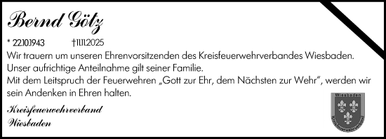 Traueranzeige von Bernd Götz von Wiesbadener Kurier