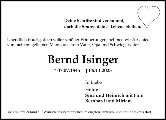 Traueranzeige von Bernd Isinger von Wiesbadener Kurier