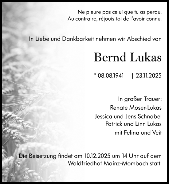 Traueranzeige von Bernd Lukas von Allgemeine Zeitung Mainz