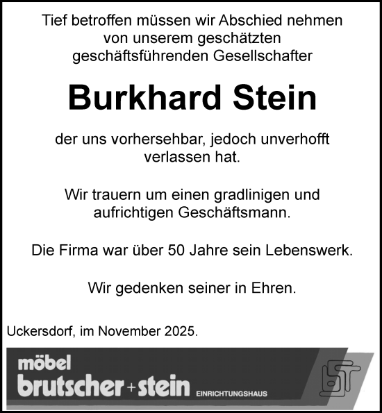 Traueranzeige von Burkhard Stein von Dill Block