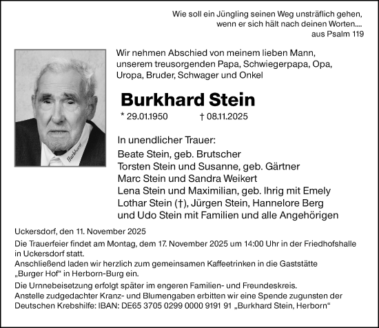 Traueranzeige von Burkhard Stein von Dill Block
