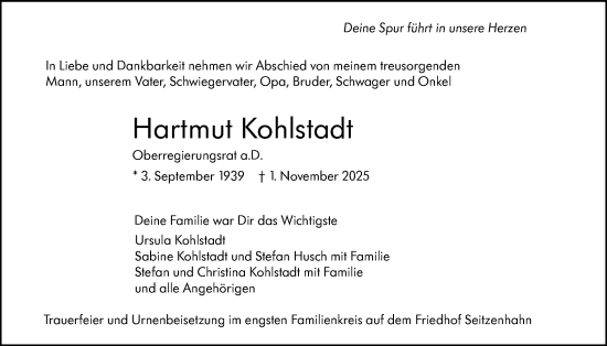 Traueranzeige von Hartmut Kohlstadt von Wiesbadener Kurier