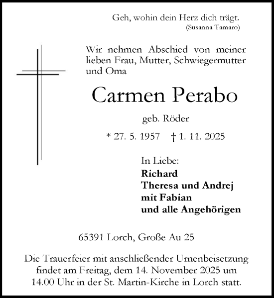 Traueranzeige von Carmen Perabo von Wiesbadener Kurier