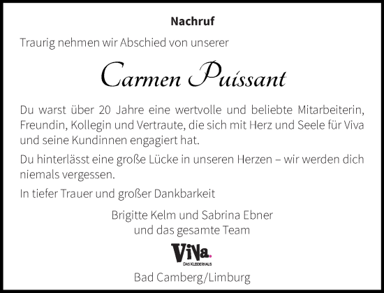 Traueranzeige von Carmen Puissant von Camberger Anzeiger