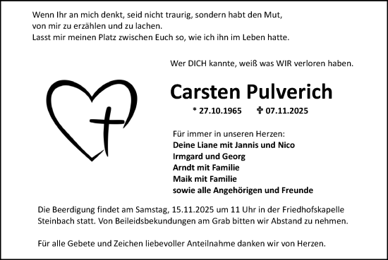 Traueranzeige von Carsten Pulverich von Dill Block