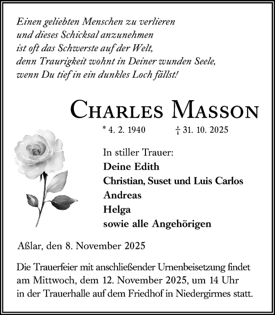 Traueranzeige von Charles Masson von Wetzlarer Neue Zeitung