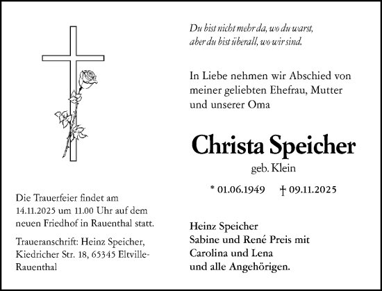 Traueranzeige von Christa Speicher von Wiesbadener Kurier