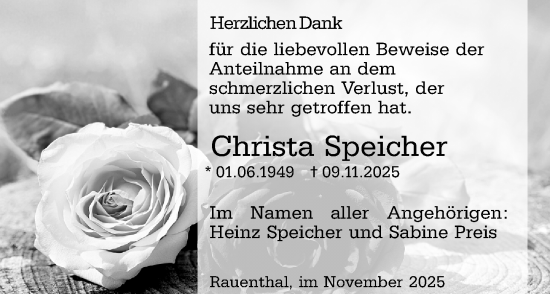 Traueranzeige von Christa Speicher von Rheingau Kurier