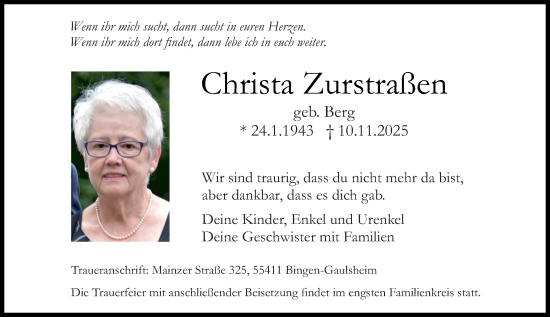Traueranzeige von Christa Zurstraßen von Allgemeine Zeitung Rheinhessen-Nahe