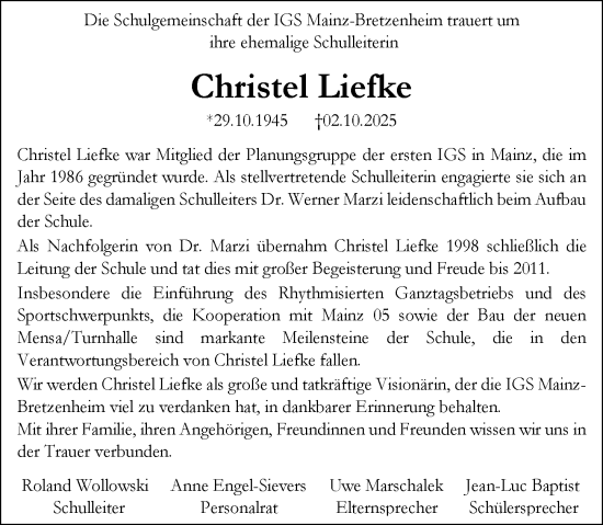 Traueranzeige von Christel Liefke von Allgemeine Zeitung Mainz