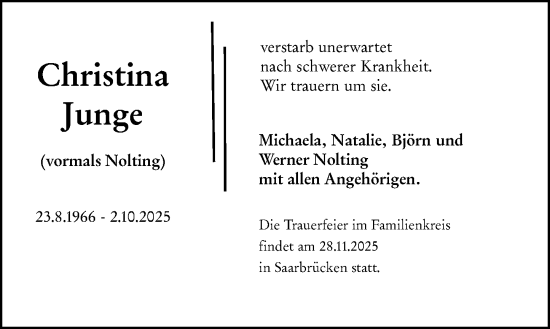Traueranzeige von Christina Junge von Weilburger Tageblatt