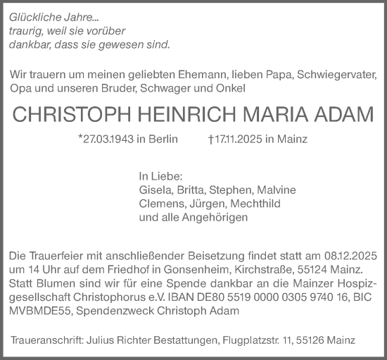 Traueranzeige von Christoph Heinrich Maria Adam von Allgemeine Zeitung Mainz