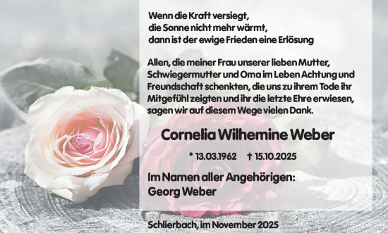 Traueranzeige von Cornelia Wilhelmine Weber von Hinterländer Anzeiger