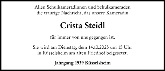 Traueranzeige von Crista Steidl von Rüsselsheimer Echo