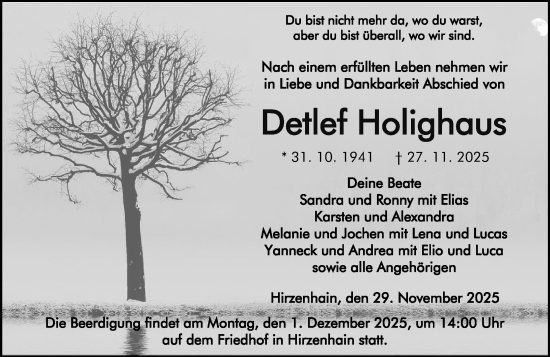 Traueranzeige von Detlef Holighaus von Dill Block