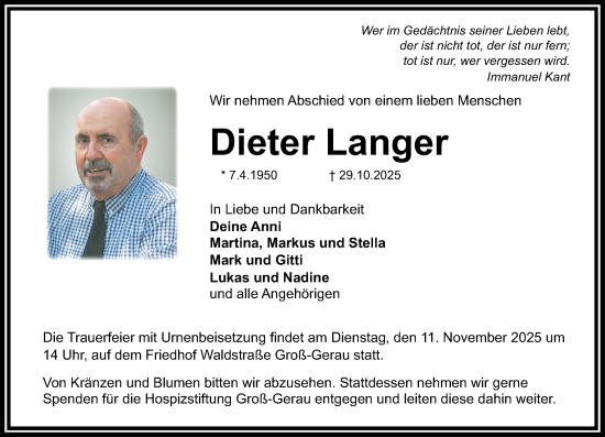 Traueranzeige von Dieter Langer von Groß-Gerauer Echo