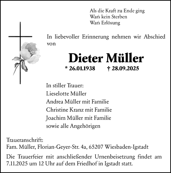 Traueranzeige von Dieter Müller von Wiesbadener Kurier