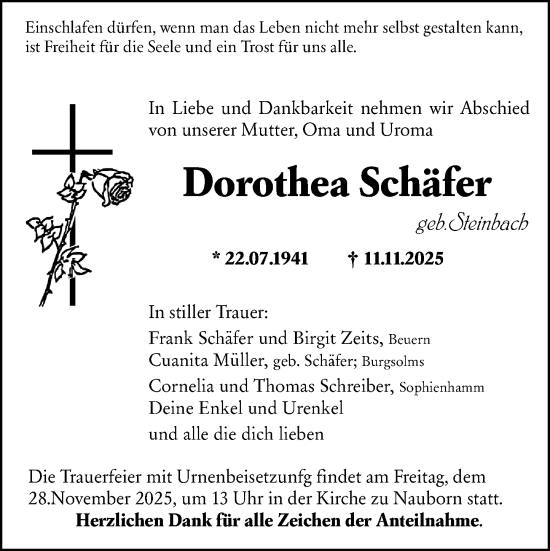 Traueranzeige von Dorothea Schäfer von Wetzlarer Neue Zeitung