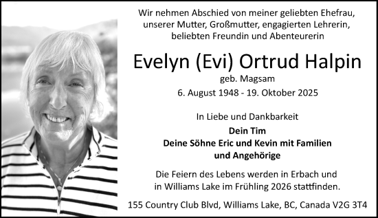 Traueranzeige von Evelyn Ortrud Halpin 
