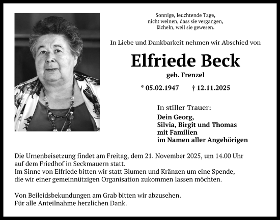 Traueranzeige von Elfriede Beck von Odenwälder Echo