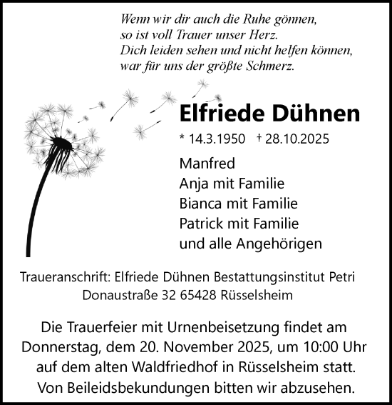 Traueranzeige von Elfriede Dühnen von Rüsselsheimer Echo