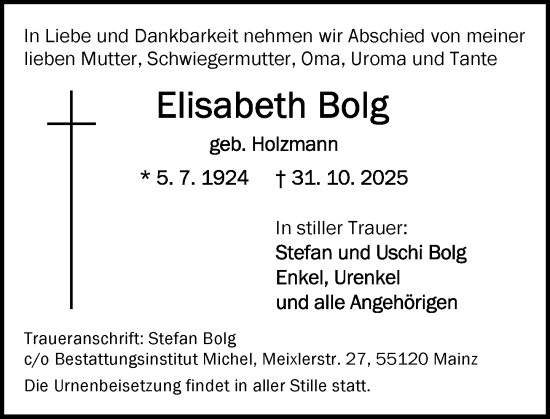Traueranzeige von Elisabeth Bolg von Allgemeine Zeitung Mainz