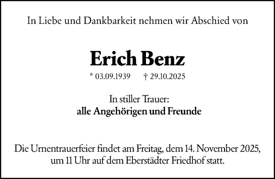 Traueranzeige von Erich Benz von Darmstädter Echo