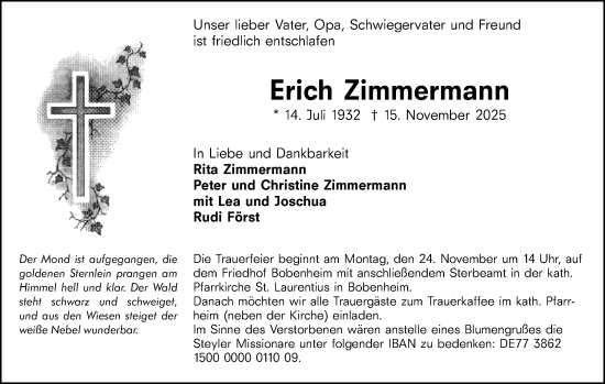 Traueranzeige von Erich Zimmermann von Wormser Zeitung