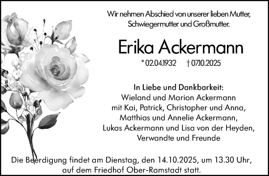 Traueranzeige von Erika Ackermann von Darmstädter Echo