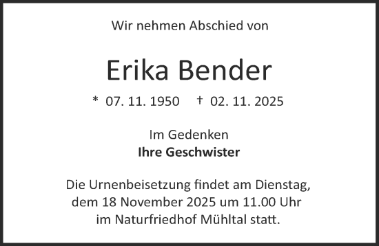 Traueranzeige von Erika Bender von Darmstädter Echo