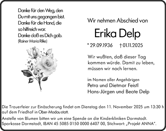 Traueranzeige von Erika Delp von Darmstädter Echo