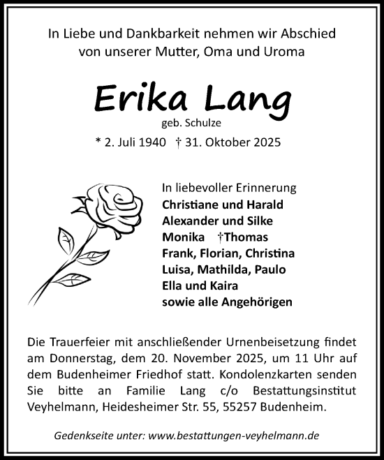 Traueranzeige von Erika Lang von Allgemeine Zeitung Mainz