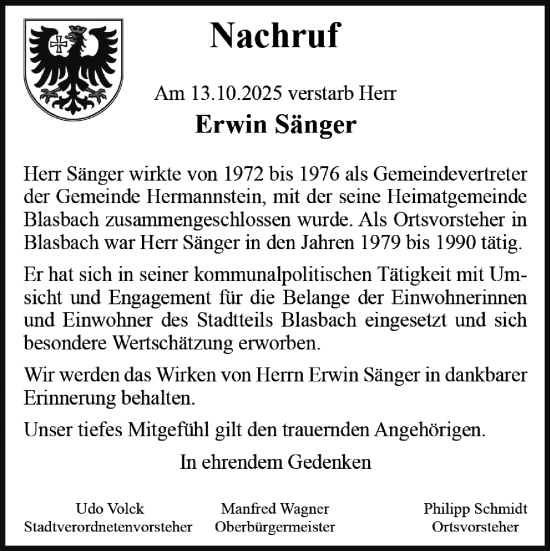 Traueranzeige von Erwin Sänger von Wetzlarer Neue Zeitung