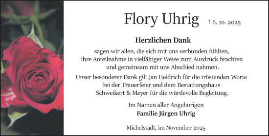 Traueranzeige von Flory Uhrig von Odenwälder Echo