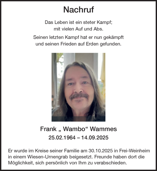 Traueranzeige von Frank Wammes von Binger-/Ingelheimer Wochenblatt